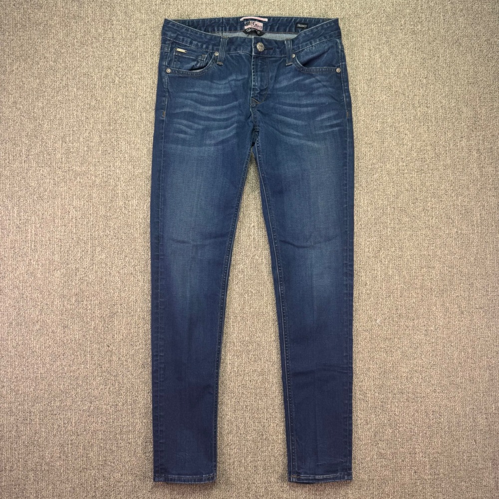 RR Rock for Express Skinny Jeans Blue Denim Embroidered Pockets Womens Size 6